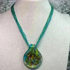 Green and Blue Seed Bead Necklace with Glass Foil Pendant